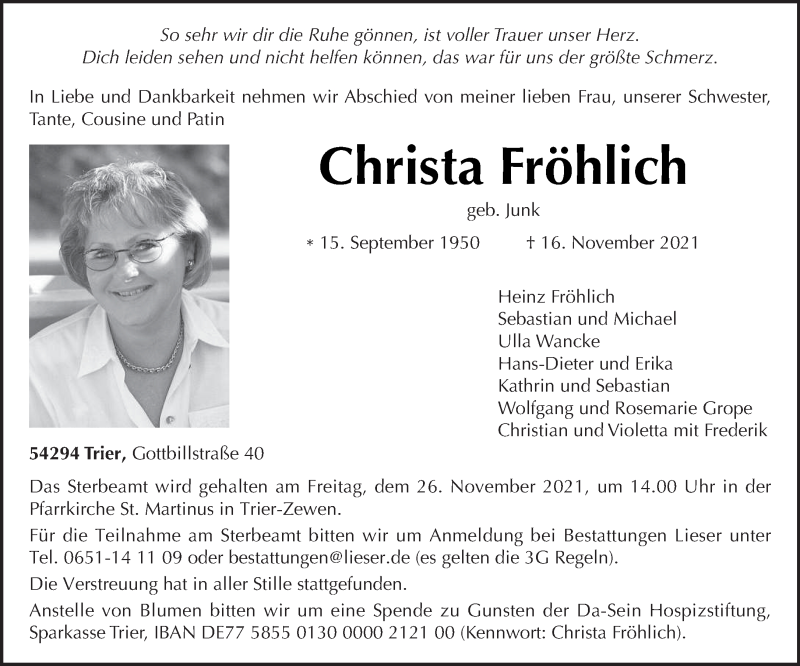  Traueranzeige für Christa Fröhlich vom 20.11.2021 aus trierischer_volksfreund