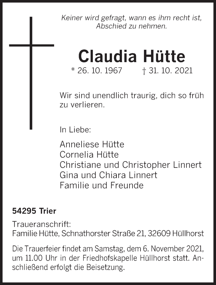  Traueranzeige für Claudia Hütte vom 03.11.2021 aus trierischer_volksfreund