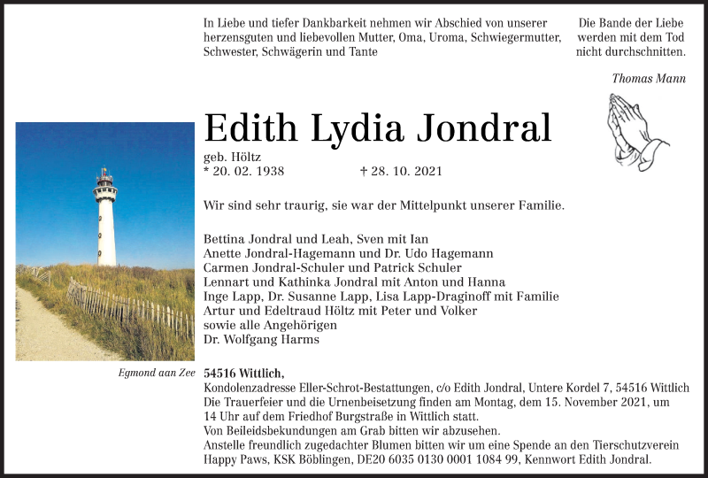  Traueranzeige für Edith Lydia Jondral vom 06.11.2021 aus trierischer_volksfreund