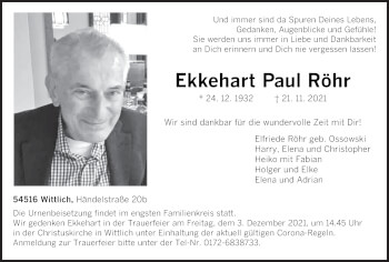 Traueranzeige von Ekkehart Paul Röhr von trierischer_volksfreund