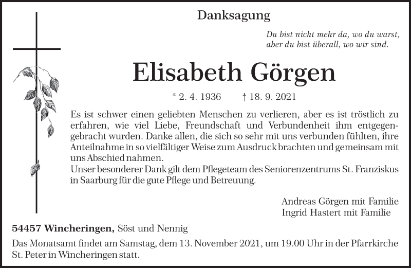  Traueranzeige für Elisabeth Görgen vom 06.11.2021 aus trierischer_volksfreund