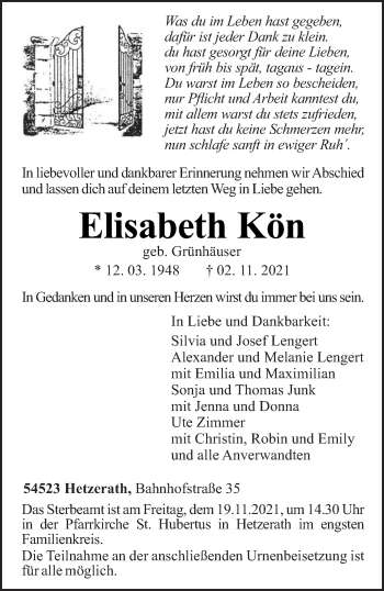 Traueranzeige von Elisabeth Kön von trierischer_volksfreund