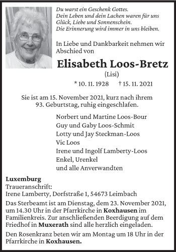 Traueranzeige von Elisabeth Loos-Bretz von trierischer_volksfreund