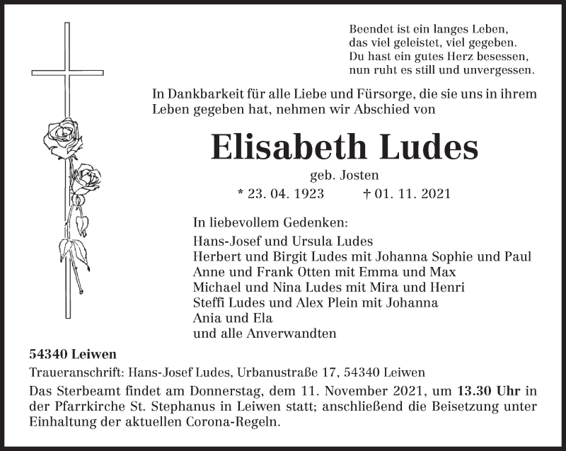  Traueranzeige für Elisabeth Ludes vom 06.11.2021 aus trierischer_volksfreund