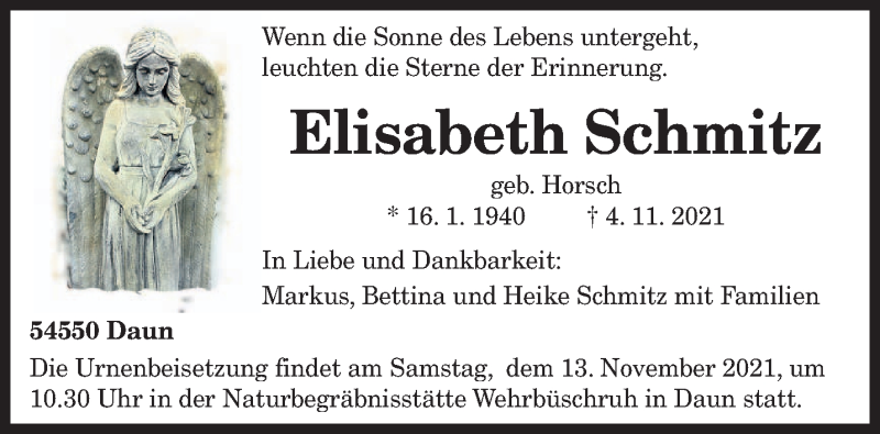  Traueranzeige für Elisabeth Schmitz vom 11.11.2021 aus trierischer_volksfreund