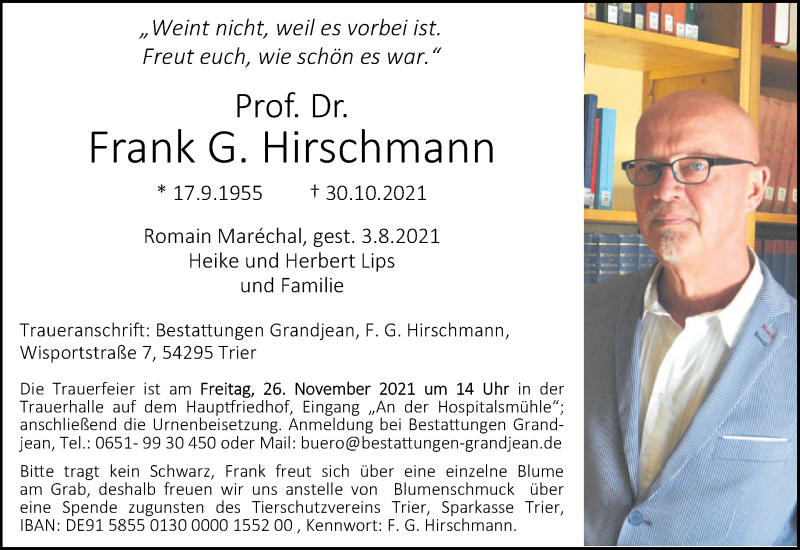  Traueranzeige für Frank G. Hirschmann vom 13.11.2021 aus trierischer_volksfreund