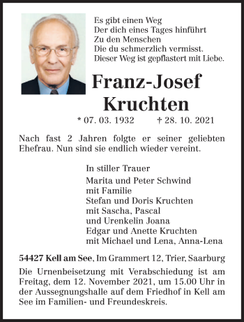 Traueranzeige von Franz-Josef Kruchten von trierischer_volksfreund