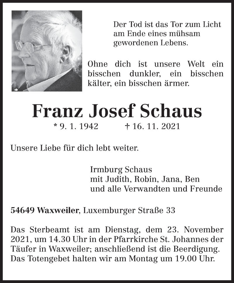  Traueranzeige für Franz Josef Schaus vom 20.11.2021 aus trierischer_volksfreund