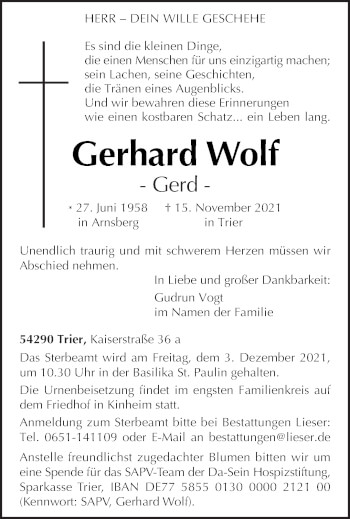 Traueranzeige von Gerhard Wolf von trierischer_volksfreund