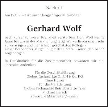 Traueranzeige von Gerhard Wolf von trierischer_volksfreund