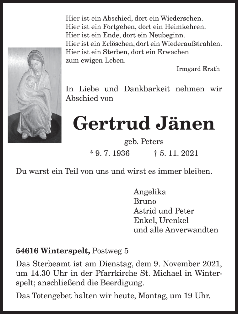  Traueranzeige für Gertrud Jänen vom 08.11.2021 aus trierischer_volksfreund