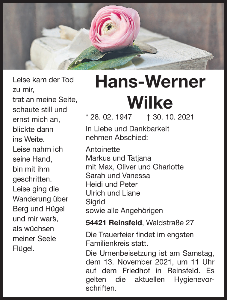  Traueranzeige für Hans-Werner Wilke vom 03.11.2021 aus trierischer_volksfreund