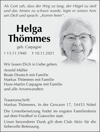 Traueranzeige von Helga Thömmes von trierischer_volksfreund