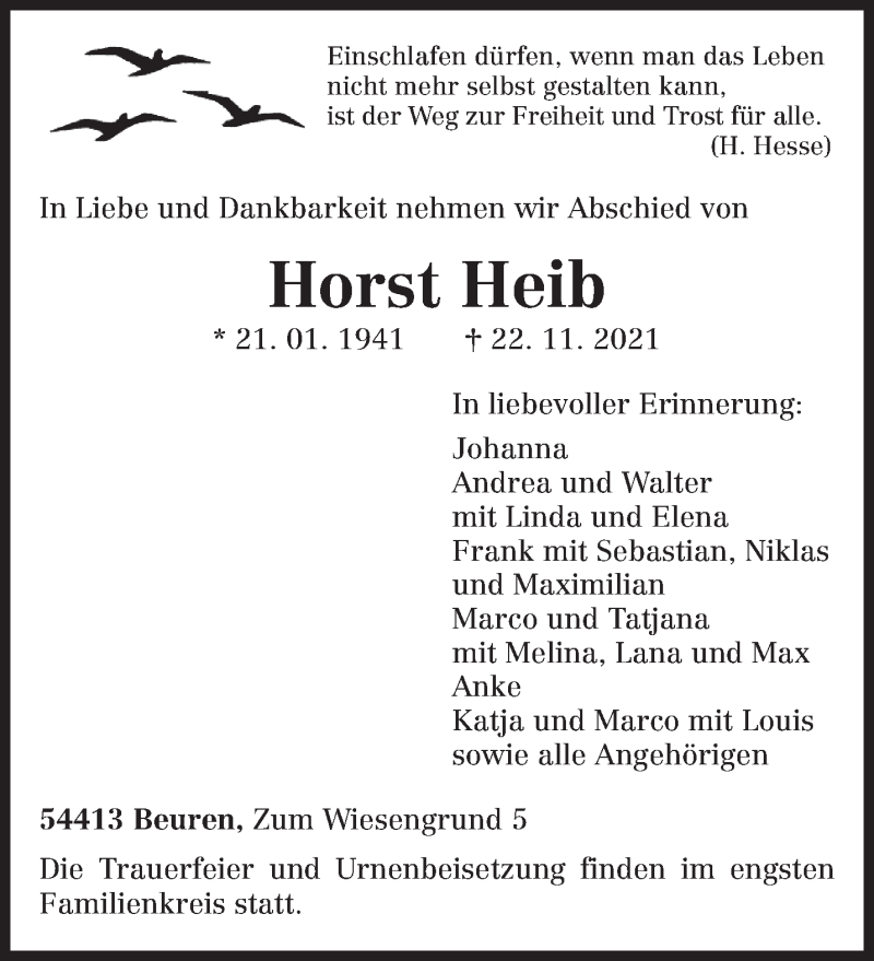  Traueranzeige für Horst Heib vom 26.11.2021 aus trierischer_volksfreund
