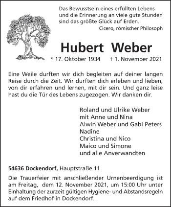 Traueranzeige von Hubert Weber von trierischer_volksfreund