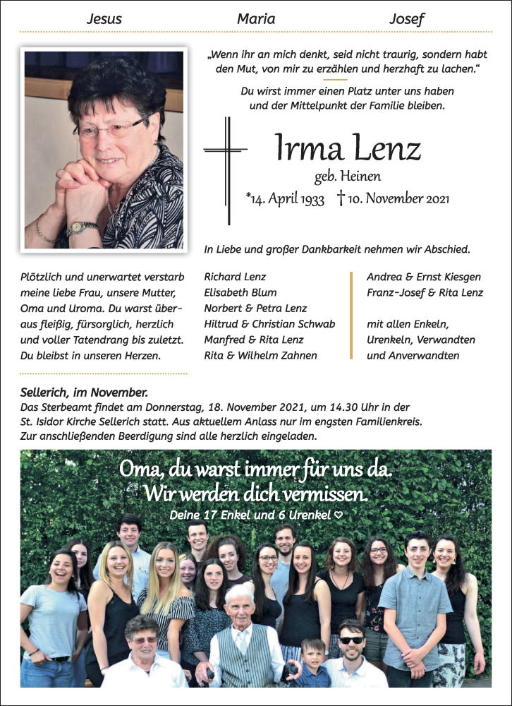  Traueranzeige für Irma Lenz vom 16.11.2021 aus trierischer_volksfreund