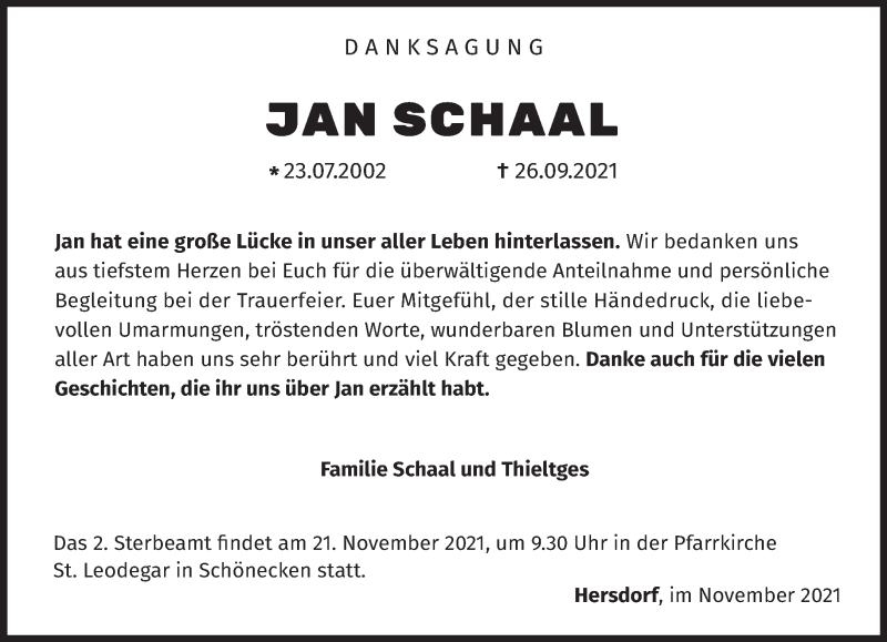  Traueranzeige für Jan Schaal vom 13.11.2021 aus trierischer_volksfreund