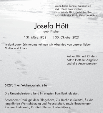 Traueranzeige von Josefa Hött von trierischer_volksfreund
