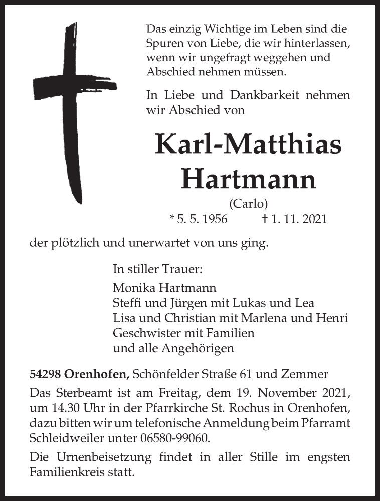  Traueranzeige für Karl-Matthias Hartmann vom 13.11.2021 aus trierischer_volksfreund
