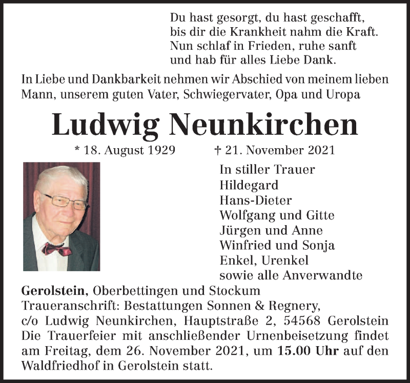  Traueranzeige für Ludwig Neunkirchen vom 24.11.2021 aus trierischer_volksfreund