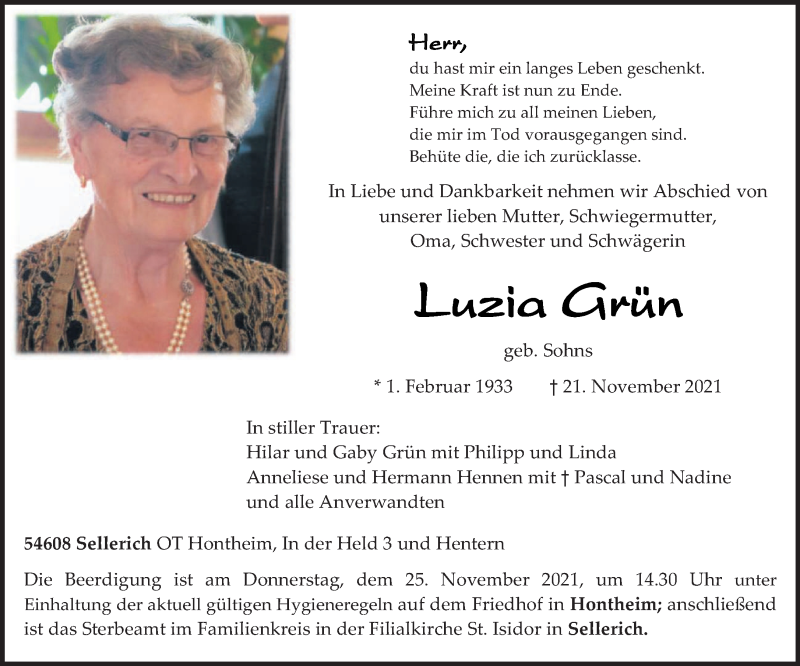  Traueranzeige für Luzia Grün vom 22.11.2021 aus trierischer_volksfreund