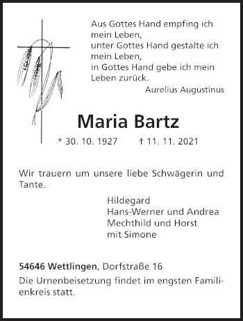 Traueranzeige von Maria Bartz von trierischer_volksfreund