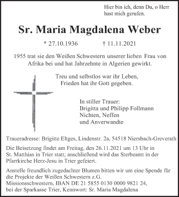 Traueranzeige von Maria Magdalena Weber von trierischer_volksfreund