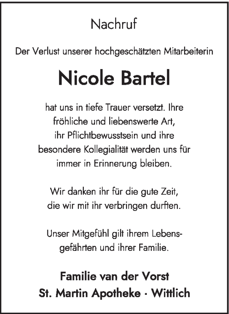  Traueranzeige für Nicole Bartel vom 20.11.2021 aus trierischer_volksfreund
