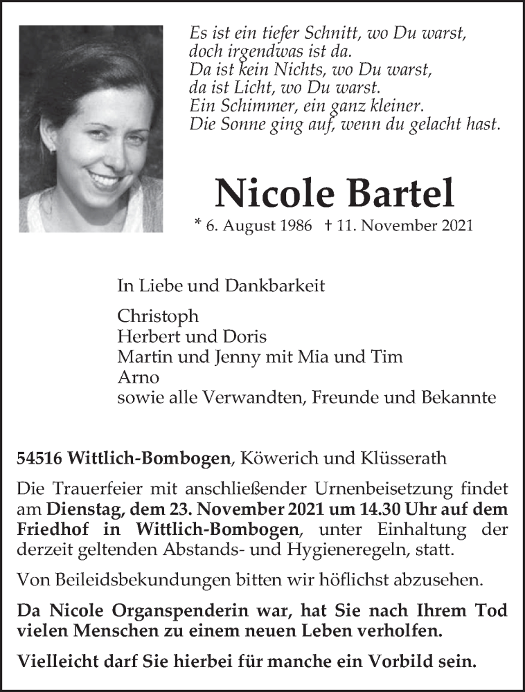  Traueranzeige für Nicole Bartel vom 20.11.2021 aus trierischer_volksfreund