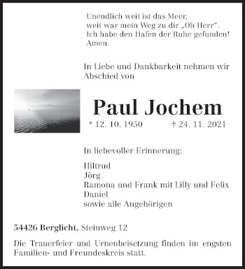 Traueranzeige von Paul Jochem von trierischer_volksfreund