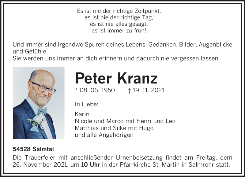  Traueranzeige für Peter Kranz vom 23.11.2021 aus trierischer_volksfreund