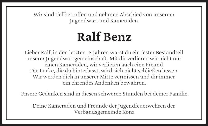  Traueranzeige für Ralf Benz vom 27.11.2021 aus trierischer_volksfreund