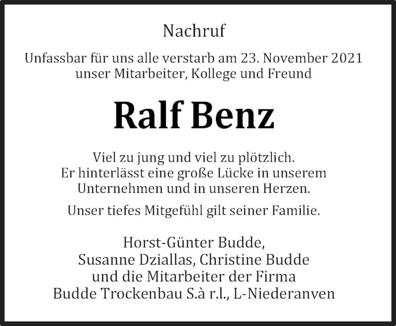  Traueranzeige für Ralf Benz vom 27.11.2021 aus trierischer_volksfreund