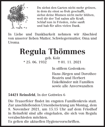 Traueranzeige von Regula Thömmes von trierischer_volksfreund