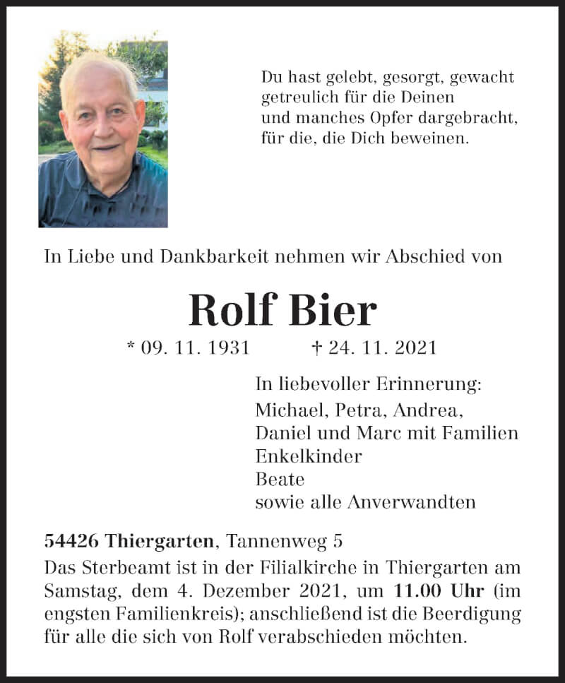  Traueranzeige für Rolf Bier vom 27.11.2021 aus trierischer_volksfreund