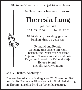 Traueranzeige von Theresia Lang von trierischer_volksfreund
