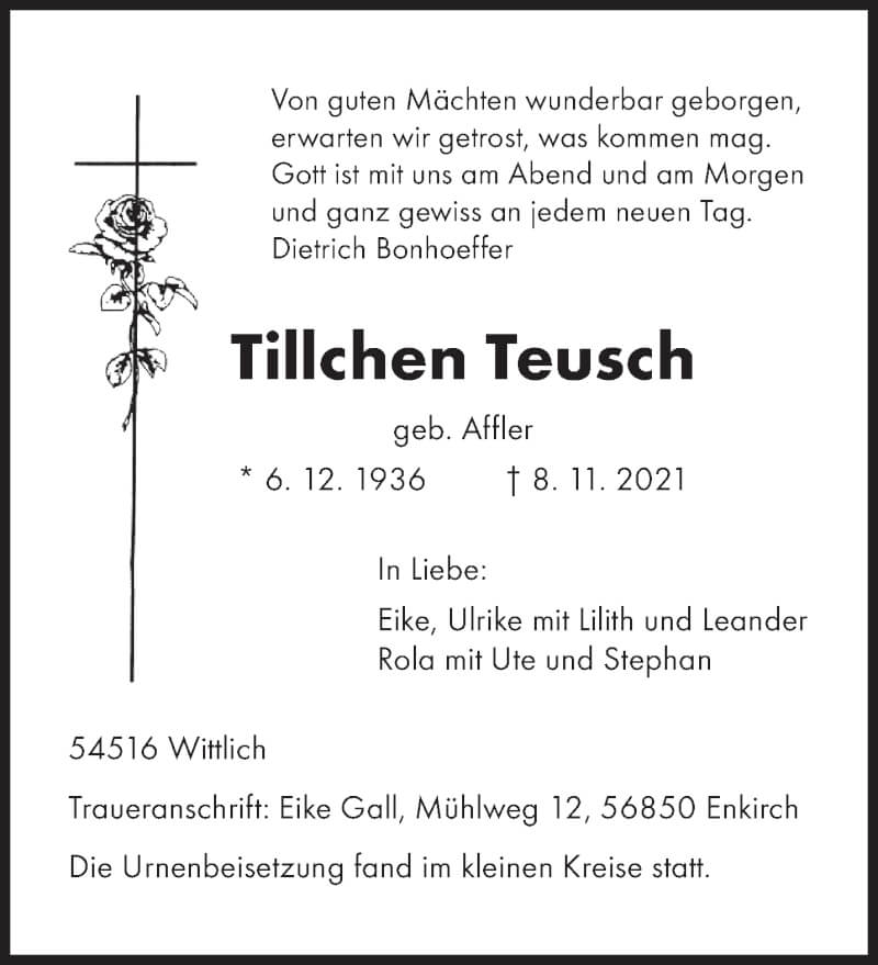 Traueranzeigen Von Tillchen Teusch | Volksfreund.Trauer.de