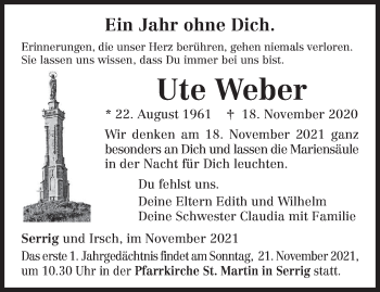 Traueranzeige von Ute Weber von trierischer_volksfreund