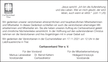 Traueranzeige von Wir gedenken Caritasverband Trier e. V. von trierischer_volksfreund