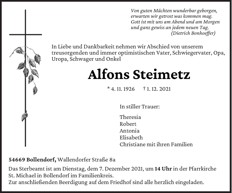  Traueranzeige für Alfons Steimetz vom 04.12.2021 aus trierischer_volksfreund