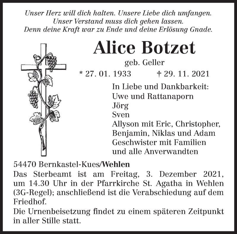  Traueranzeige für Alice Botzet vom 01.12.2021 aus trierischer_volksfreund
