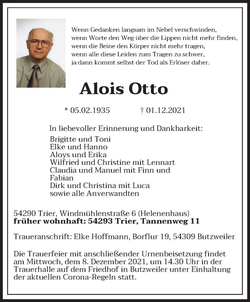  Traueranzeige für Alois Otto vom 04.12.2021 aus trierischer_volksfreund