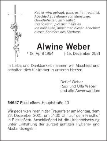 Traueranzeige von Alwine Weber von trierischer_volksfreund