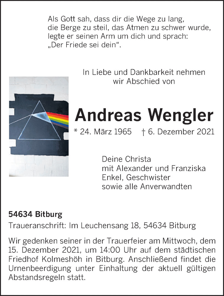  Traueranzeige für Andreas Wengler vom 11.12.2021 aus trierischer_volksfreund