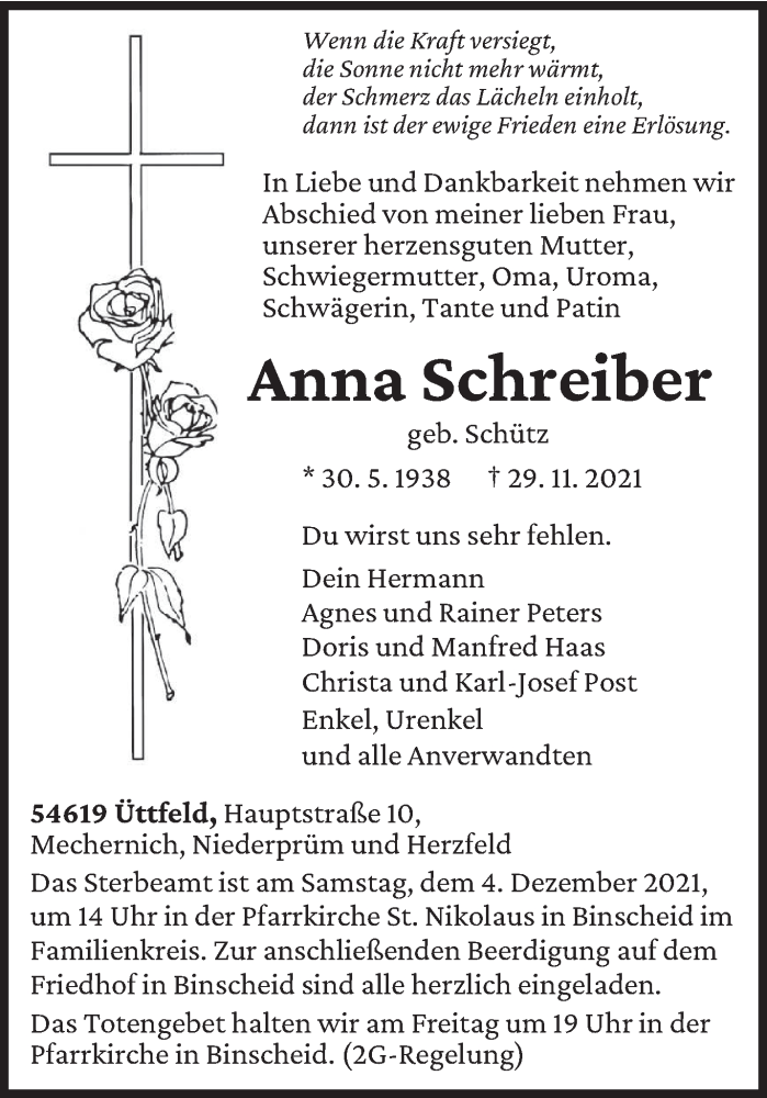 Traueranzeige für Anna Schreiber vom 02.12.2021 aus trierischer_volksfreund