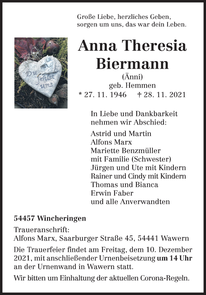  Traueranzeige für Anna Theresia Biermann vom 04.12.2021 aus trierischer_volksfreund