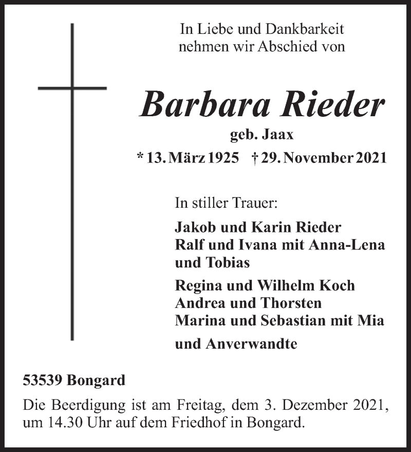  Traueranzeige für Barbara Rieder vom 01.12.2021 aus trierischer_volksfreund