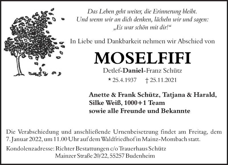  Traueranzeige für Detlef-Daniel-Franz Schütz vom 18.12.2021 aus trierischer_volksfreund