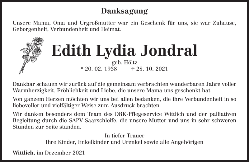  Traueranzeige für Edith Lydia Jondral vom 11.12.2021 aus trierischer_volksfreund
