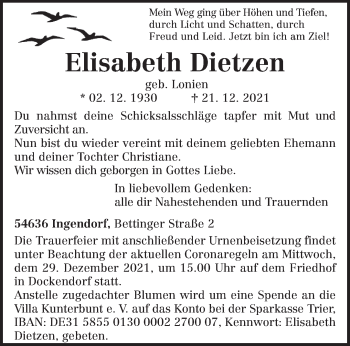 Traueranzeige von Elisabeth Dietzen von trierischer_volksfreund